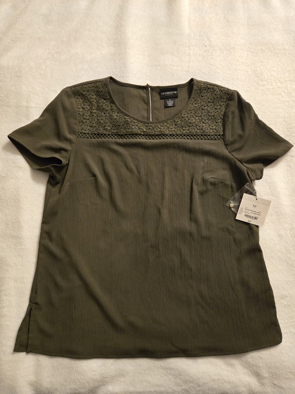 Liz Claiborne Olive Green Short Sleeve Lace Yoke Top